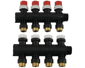 Uponor Vario PLUS fordelerrørssæt med 4 kredse til gulvvarme, sort med 3/4" nippel og hvide reguleringsknapper på fremløb.