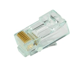 Nærbillede af et Simply45 S45-1600 RJ45 Pass-Through stik, der viser guldkontakterne og den gennemsigtige plastholder.