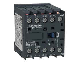 Schneider Electric kontaktor 9A, 3P+1NC, 24VDC, model LP4K09015BW3 med tydelige terminalmærkninger og logo.