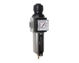 FLAIR E24/2P filter med reduktionsventil og manometer, der viser trykindstillinger op til 16 bar, med en kondensvandsskala.