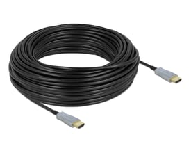 Delock aktivt optisk HDMI 2.0-kabel på 30 meter, sort og oprullet med HDMI-stik i begge ender.