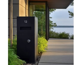 Zafe elektronisk postkasselås PLUS 1607 ses monteret på en sort postkasse ved en bolig.
