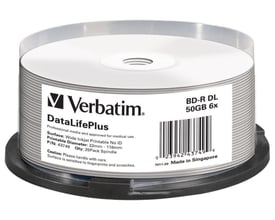 Verbatim BD-R Double Layer-medier med bredt inkjet-printbart område ses samlet i en spindel med produktetiket.