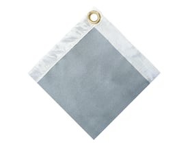 Diesella WLDPRO Light Duty svejsetæppe i grå glasfiber med hvid kant og gyldent øje til ophæng. Tåler op til 550°C.