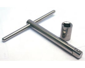 Helmuth A. Jensen T-greb i rustfrit stål med 1/4" firkant og 275 mm længde, placeret på hvid baggrund ved siden af en muffe.