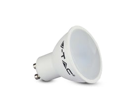 V-TAC 4,5W LED spotlampe med GU10 fatning, hvid PVC, vist fra siden med fokus på fatning og logo.