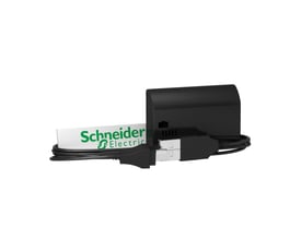 Schneider Electric programmeringskit til ITA kontaktur, et sort kabel med USB-stik og et gråt stik til kontakturen.