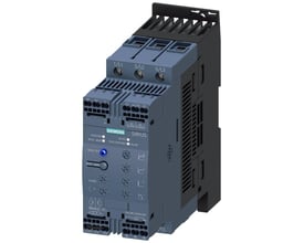 Siemens SIRIUS softstarter S2, 63A, 30kW med fjederterminaler og digitalt display, vist fra siden.