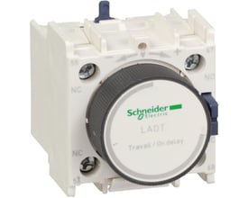Schneider Electric tidsblok LADT2 i hvid plast med drejeknap, der viser "Travail / On delay 1-30s" og 1NO-1NC kontakter.