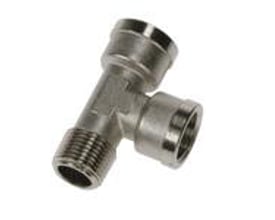 Parker T-stykke i forniklet messing med udvendig R1/8 BSPT og indvendig G1/8 BSPP gevind, et alsidigt VVS-tilslutningsstykke.
