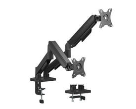 DELTACO dobbelt monitor skrivebordsbeslag i sort, med mekaniske fjedre, justerbare arme og VESA-monteringsplader.