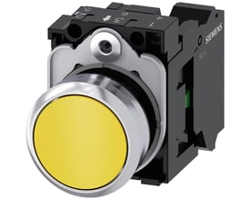 Siemens Sirius Act 22 mm trykknap i metal med høj, gul knap og 1 sluttefunktion, vist med fjederklemme.