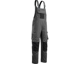 Mascot Augsburg tofarvet arbejdsbukse med seler i grå og sort, med praktiske lommer og forstærkede knæ.