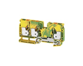 Nærbillede af en Weidmüller gennemgangsklemme med PUSH IN fjederterminaler til 10mm² ledning i gul/grøn farve.