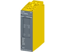 Siemens SIMATIC ET 200SP F-CM AS-I SAFETY ST sikkerhedskommunikationsmodul, med tekst og indikatorer tydeligt synlige på den grå front.
