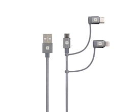 Skross 3-i-1 kabel i grå farve med 120 cm længde, der forbinder USB-A til Micro-B, USB-C og Lightning stik.