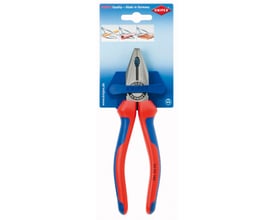 Knipex kombinationstang 180mm på blisterpakke med illustrationer af anvendelse og mærkets logo.