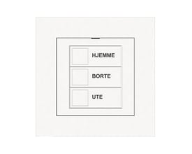 Hvid mTouch sparekontakt med tre knapper mærket "HJEMME", "BORTE" og "UTE" på en neutral baggrund.