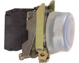 Schneider Electric Harmony XB4 ATEX trykknap blå, 22 mm, med 1NC kontakt og klar silikone kappe, vist fra siden på hvid baggrund.