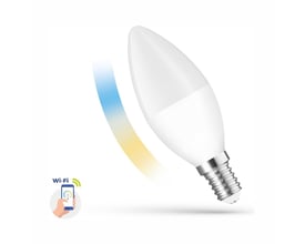 SpectrumLED smart home LED-pære C38 med E14-fatning, vist skråt med Wi-Fi-symbol og farveskift fra varmt til køligt lys.