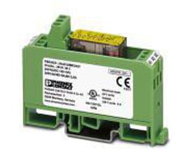 Detaljeret vinkelbillede af Phoenix Contact PSR-SCF-24UC/URM/2X21, der viser monteringsklemmer og mærkning.