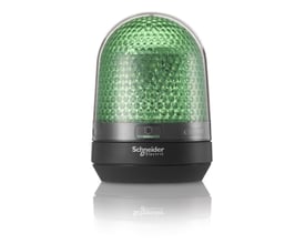 Schneider Electric XVR3 signallampe med grøn LED lys og 12-24VDC, vist frontalt på hvid baggrund med refleksion.