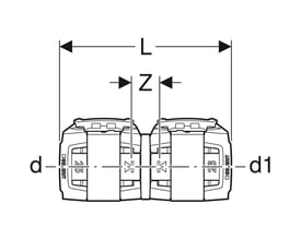 Teknisk tegning af Geberit FlowFit overgangsstykke 50mm, der viser dimensionerne 'd', 'd1', 'L' og 'Z'.
