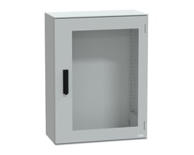Schneider Electric vægskab 7035, 847x636x300 mm, fremstillet i grå polyester med en glasrude og låsemekanisme.