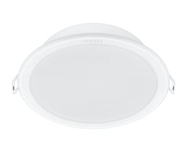 Hvidt Philips Lighting Meson 080 indbygningsspot, model 59444, set forfra med rund lysflade og monteringsclips.