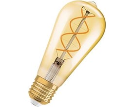 Nærbillede af Osram Ledvance 1906 Edison LED-pære, viser det gyldne glas og spiralformede filament.