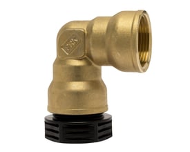 IMI TA messing vinkel med muffe, 50 mm x 2" dimension, PN16, med sort plasttrykskrue på hvid baggrund.