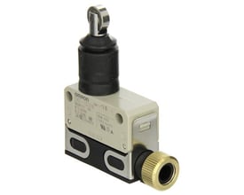 Omron D4E-1D20N endestop med forseglet rullestempel og skrueterminal i beige og sort design.