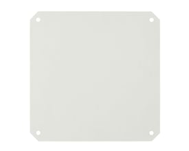 Schneider Electric montageplade i RAL7035 polyester med dimensionerne 540x540mm og fire forborede monteringshuller i hjørnerne.