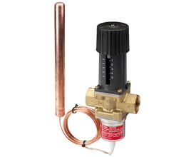 Danfoss AVTB termostatisk vandventil med G 1 1/4" gevind og et temperaturområde på 0-30°C, med en kobberføler monteret.