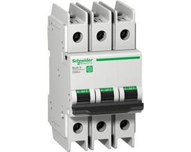 Schneider Electric C60BP 3-polet automatsikring med tre betjeningsgreb og tilslutninger øverst og nederst.