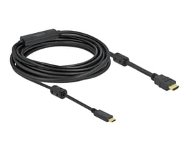 Delock aktivt 7 meter langt USB-C til HDMI-kabel i sort, rullet sammen med begge stik og elektronikdelen synlige.