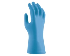 Uvex U-fit strong N2000 nitril engangshandske i lyseblå, str. L/9, viser håndens form og manchet.