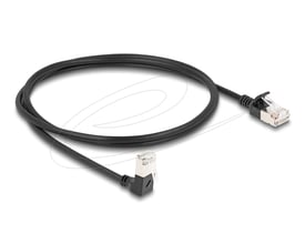 DeLock slimt RJ45 Cat.6A S/FTP-patchkabel på 1 meter, sort, med et nedadvinklet og et lige stik.