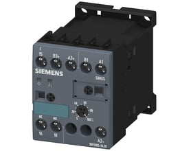 Siemens 3RP20 multifunktionstidsrelæ med 1 CO-kontakt, 24V AC/DC, 8 funktioner og justerbar tid fra 0,05s til 100 timer.