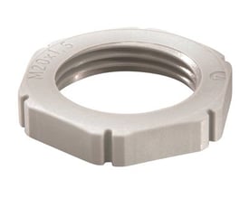 Grå polyamid M63 møtrik med indvendigt gevind, fremstillet af glasfiberforstærket PA6 materiale og halogenfri.