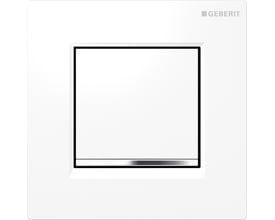 Geberit Sigma 30 urinalstyring til pneumatisk skyl med hvid front, sort kant og blankforkromet betjeningsstribe nederst.