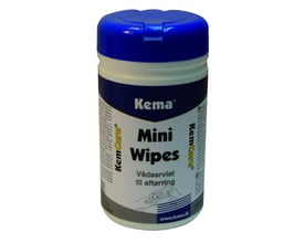 Kema Mini Wipes spand med 40 stk. vådservietter til aftørring, vist med blå og hvid etiket.