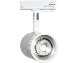 Hvid Lumenlight TR-295 skinnespot til Square-skinne set forfra med synlig reflektor og tilslutning.
