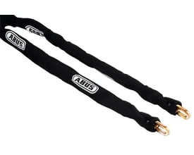 Nærbillede af Abus sikkerhedskæde, 8 mm tykke 4-kantede led beklædt med sort lærred.