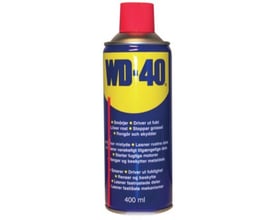 WD-40 multifunktionsolie på 400 ml i blå og gul spraydåse med rød hætte, vist forfra.