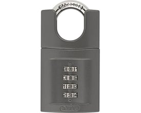 Grå ABUS-hængelås model 158CS/50 set forfra med bøjle og fire rækker tal på kombinationslåsen.