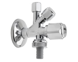 Nil stopventil med tre tilslutninger: 1/2" til væggen, 3/4" og 3/8" udløb med grå slangeprop.