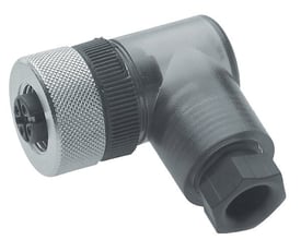 Belden kabeldåse ELWIKA 4012 PG9 er 4-polet med M12 hun stik, har en sort plastikkrop og kromfatning, vinklet design.