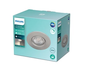 Pakke med Philips Lighting Dive indbygningsspot i mat krom, viser produktets emballage med information om IP65 og dæmpbar funktion.