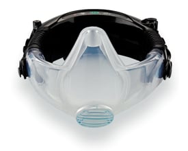 CleanSpace Technology CleanSpace2-motorenhed til åndedrætsværn, set forfra med sort enhed og klar maske monteret.
